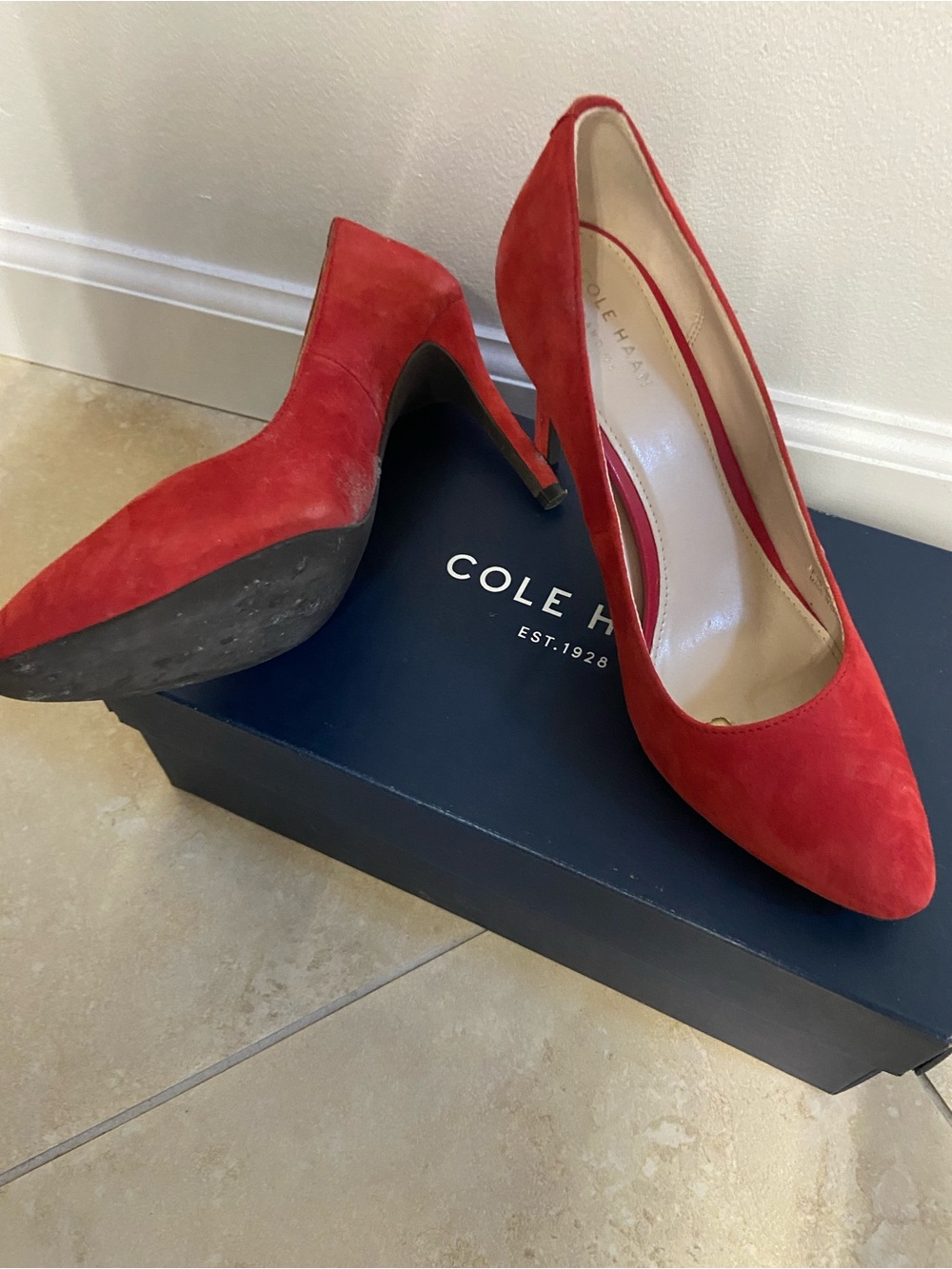 Cole Haan Bright Red Suede Pointed-Toe Pumps - Picture 3 of 3